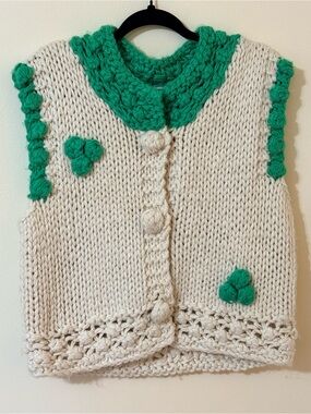 POL Cream and Green Hand-Knit Button Vest
